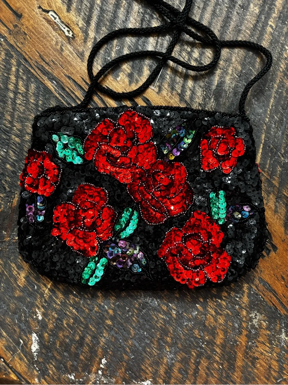 Vintage Black Sequin Floral Evening Bag